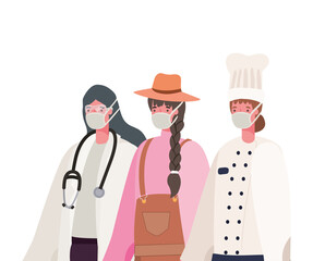 Female doctor gardener and chef with masks vector design