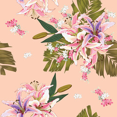 Seamless pattern Lilly,wild flowers,Green palm leaves on pink pastel background.Vector illustration hand drawing.For used wallpaper design,textile fabric or wrapping paper