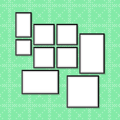 Set of photo and art frames on wall in a flat style. Simple blank photoframes collection
