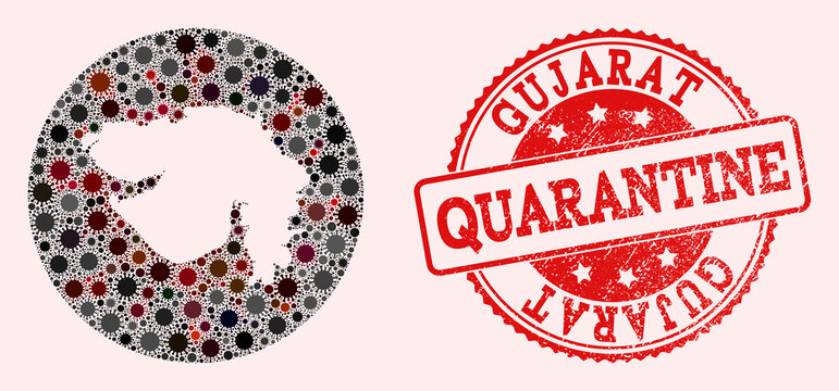 CoronaVirus Hole Round Map Of Gujarat State Mosaic And Grunge Stamp