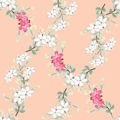 Seamless pattern white and pink wild flowers on pink pastel color backgground.Vector illustration hand drawn.For used wallpaper design,textile fabric or wrapping paper.