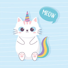 cute cat with unicorn horn and tail cartoon animal funny character