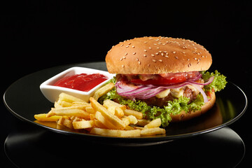 Big fresh burger with sauce and fries on black plate isolated on black background.  American classic burger menu.
