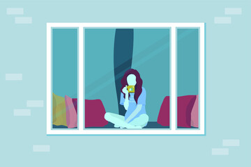 The girl sits at home and drinks tea. The girl looks out the window. View through the window. Cozy lounger near the window with pillows. Plastic window on a brick wall