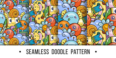 Set of kawaii seamless patterns doodle monsters,cute and fun variety of colors animals
