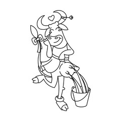 Happy cartoon smiling milking cow in cute dotted dress