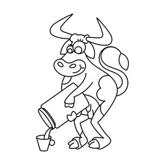 Happy cartoon smiling cow with milk can and mug.