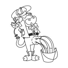 Happy cartoon metal music milking to a bucket cow with mohawk hairstyle