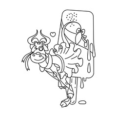 Happy cartoon smiling cow in cute dotted dress duncing near great ice-cream