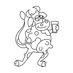 Happy cartoon smiling cow with a glass of milk