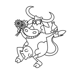 Happy cartoon smiling cow with a bottle of milk and flowers