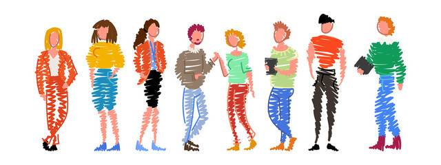 Group of doodle people standing in a row on white background
