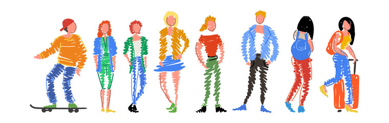 Group of doodle people standing in a row on white background