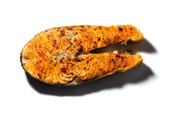 Grilled salmon steak isolated on white background