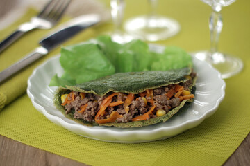 
Spinach pancake with ground beef, carrot and corn filling