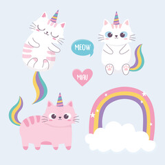 Obraz na płótnie Canvas cute cats rainbow horn cloud cartoon animal funny character