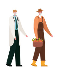 Isolated male doctor and gardener with masks vector design