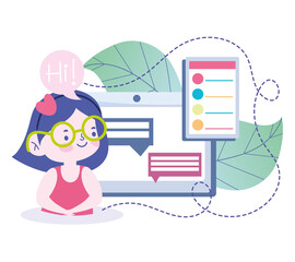 online education, student girl computer and smartphone, website and mobile training courses