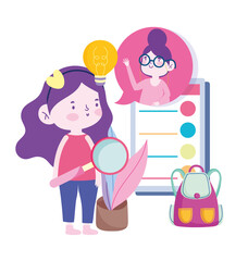 online education, teacher and student girl smartphone backpack, website and mobile training courses