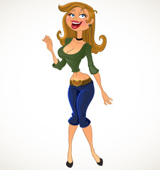 Pretty cartoon curious glamour girl isolated on a white background