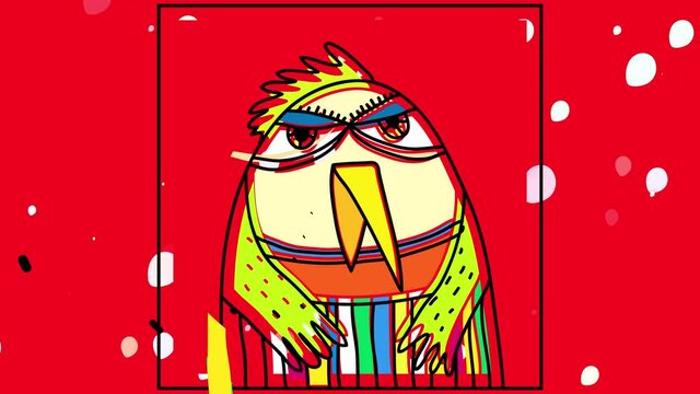 tired bird with baggy eyes wearing a colorful striped pair of pants and with green feathers on its humanoid wings inside frame over background with balloons floating