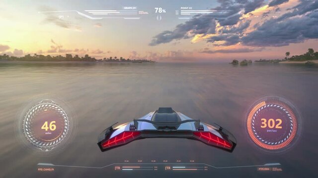 3d fake Video Game. Flight over the ocean at sunset. Hud