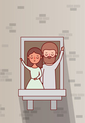 couple of woman and man cartoon at window vector design