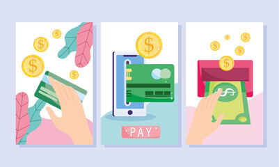 online payment, smartphone bank card money transfer, ecommerce market shopping, mobile app banners