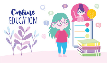 online education, girl with smartphone teacher video call, website and mobile training courses