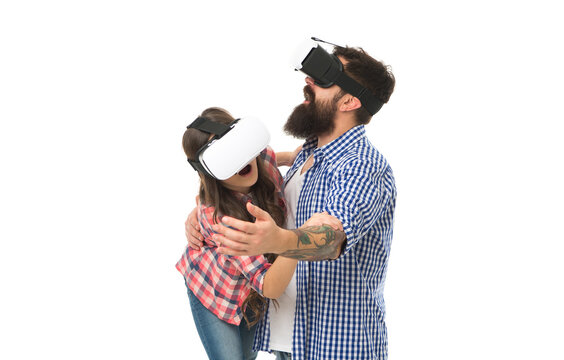 Free time. care about her future. father and daughter in vr glasses. amazed kid with dad use modern technology. digital future innovation. daddy show small girl virtual reality. rich imagination