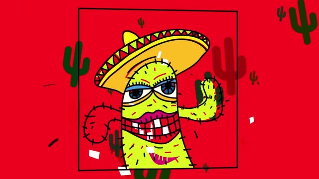 crazy sketchy picture of a cactus with female features and mexican sombrero with joyful attitude and grooving with many plain green cacti fading in the background