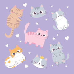 Obraz na płótnie Canvas cute cats love hearts heads cartoon animal funny character background