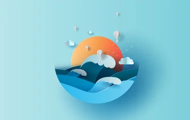 Cercles muraux Bleu clair Balloon white hot air of Sea wave view landscape sunlight. travel in holiday summer season circle concept. Graphic design paper cut and craft style. Simple Vacation summertime idea pastel background