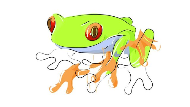 macro point of view of a callidryas frog living on the humid rainforest of a tropical country with green fluorescent skin and long webbed feet