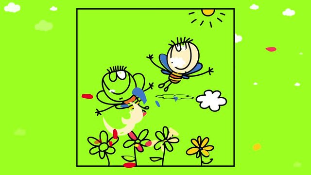 moving book cover page with joyful kids with the bodies of fat bees flying and opening their arms in the cloudy sunny sky with flowers decorating