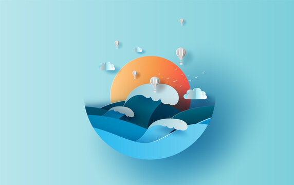 Balloon white hot air of Sea wave view landscape sunlight. travel in holiday summer season circle concept. Graphic design paper cut and craft style. Simple Vacation summertime idea pastel background