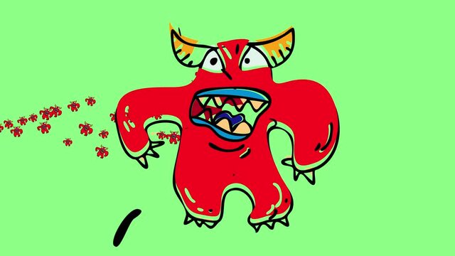 small red monsters pop up from the left side of the screen like running water behind a big one with horns and claws of a devil with crazy angry attitude