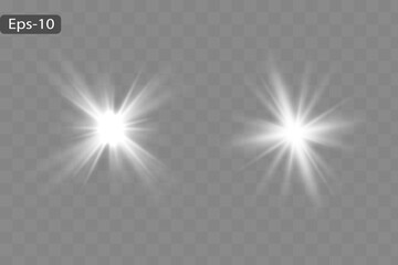White glowing light explodes on a transparent background. Sparkling magical dust particles. Bright Star. Transparent shining sun, bright flash. Vector sparkles. To center a bright flash
