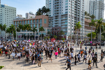 Miami Downtown, FL, USA - MAY 31, 2020: Miami big Peaceful Demonstration in downtown. Protesters in Florida. Protesters gather in Miami for protests for.