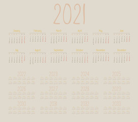 Simple calendar 2021 -2033 on beige background. Vector illustration