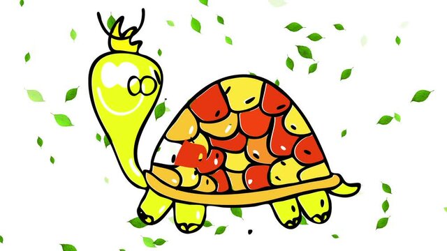 model male turtle with cool hairdo posing with pride showing off his colorful shell surrounded by small leaves falling in the background creating a theatrical atmosphere