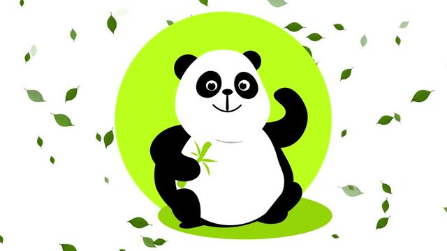 happy panda holding a bamboo branch sitting on green grass and light creating a big shadow with leaves flying in the background suggesting it is a photo shooting