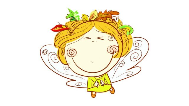 detailed drawing of a lovely girl smiling with energy dressed as an angel wearing a dry leaves crown and beautifully made wings with little parts bouncing and turning