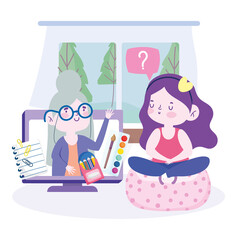 online education, girl sitting in chair and teacher on computer video call, website and mobile training courses