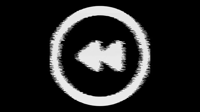 Animated Motion Of Blink Or Glitch Effect Rewind Media Sign On Circle Symbol. Alpha Channel Matted With Color Black