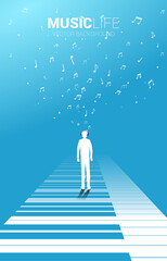 Vector silhouette of man standing with piano key with flying music note . Concept background piano music and recreation.