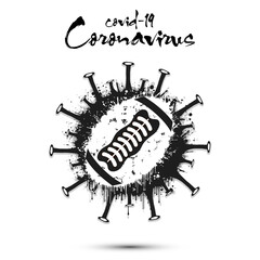 Coronavirus sign with football ball made of blots. Stop covid-19 outbreak. Caution risk disease 2019-nCoV. Cancellation of sports tournaments due to an outbreak of coronavirus. Vector illustration