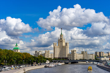 Moscow. Panorama of the Russian capital on a cloudy summer day. Stalin's high-rise on a background...