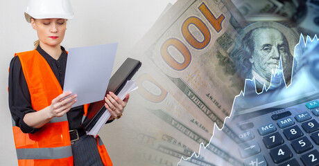 A girl in a construction helmet studies documents against the backdrop of dollars and a growing schedule. The increase in the cost of construction because of rising prices for materials.