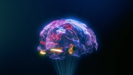 Wireframe 3D Animation of Human Brain. Rotating Brain Model with Neural Network Iridescent Impulses Showing Brainstorming Neuronal Activity. Artificial Intelligence (AI). Scientific Technology. Big